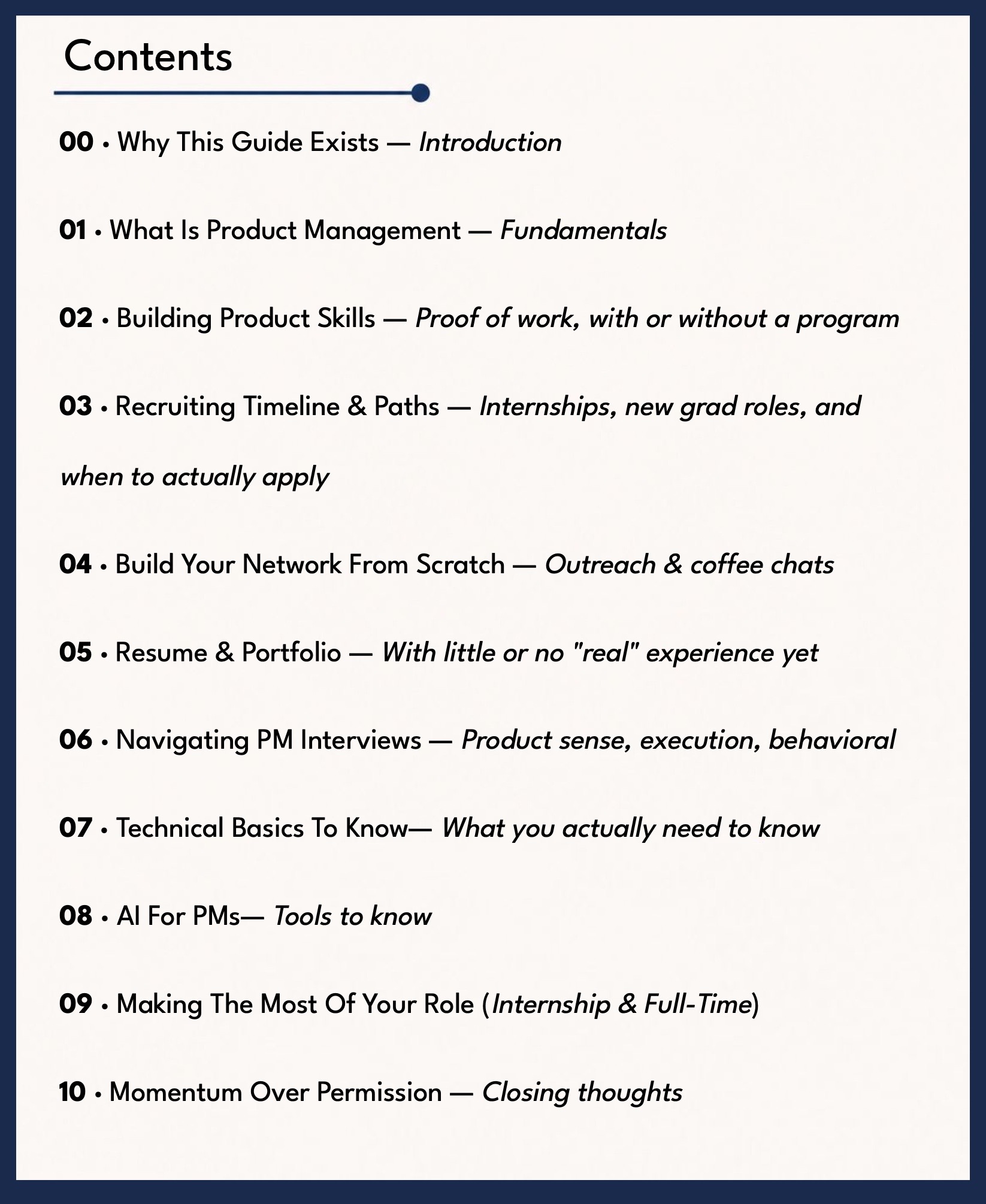 PM Playbook table of contents
